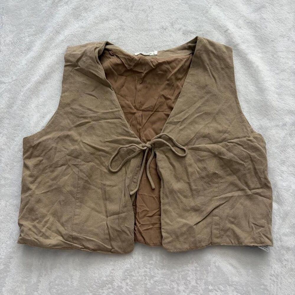Mod Ref Western Linen Blend Tie Front Vest Women's Large Cropped Country Cowboy